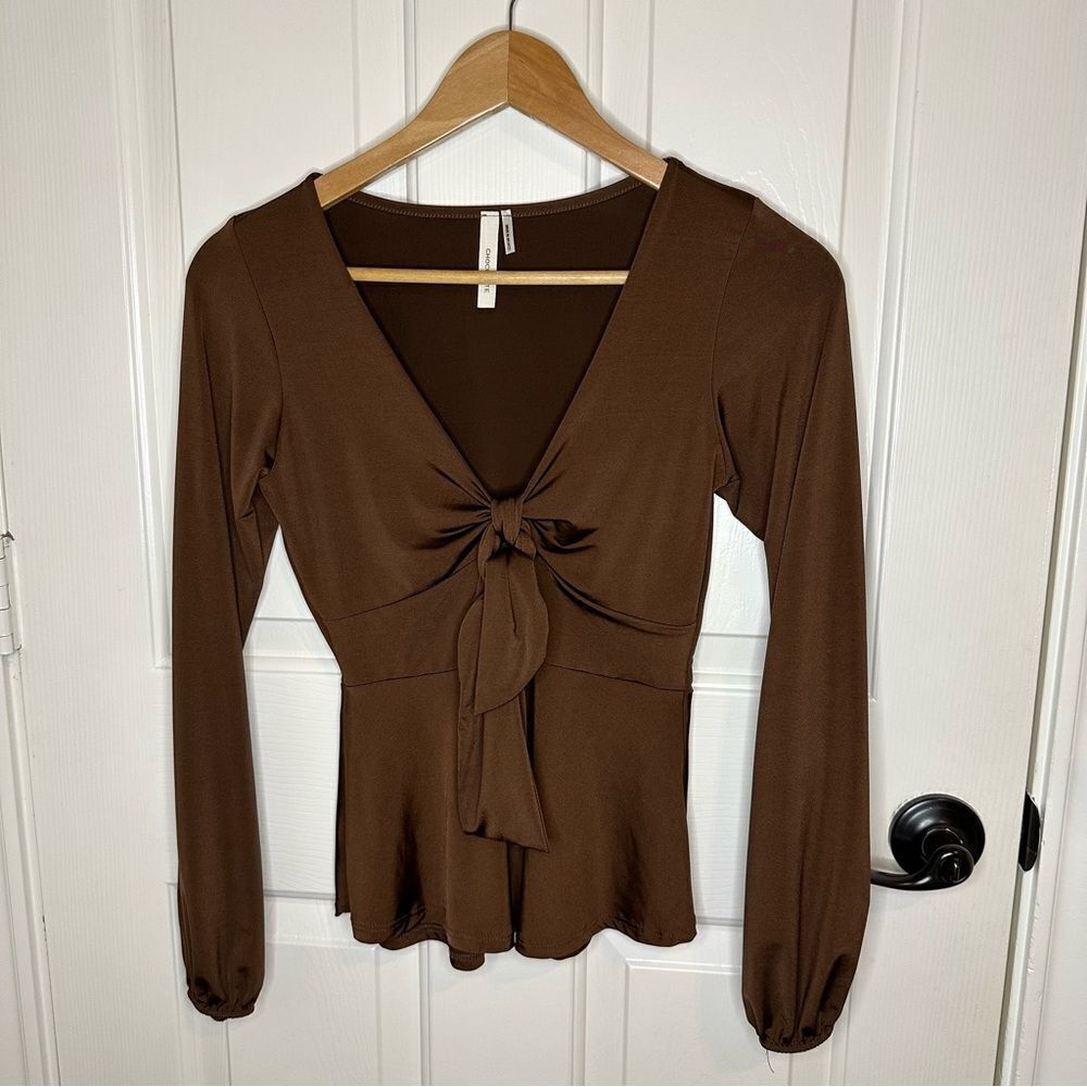 Y2K Chocolate USA Brown Babydoll Style Longsleeve Blouse Sz S Coquette Girly